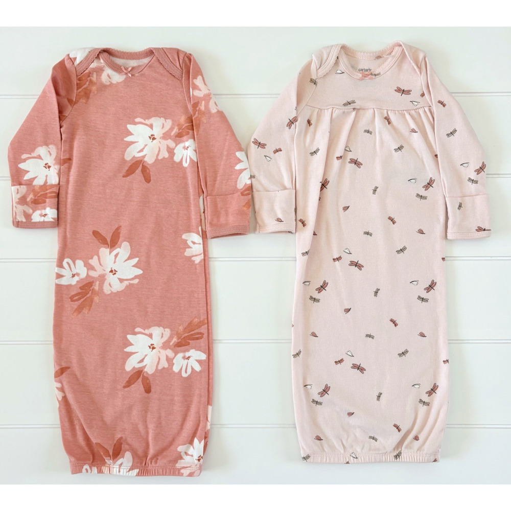Carters Baby Girl Sleeper Gown Set 3 Months 100% Cotton Pink‎ Floral Dragonfly
